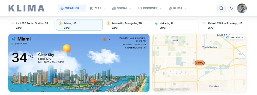 Aperçu de l’interface Klima avec la météo locale et la carte