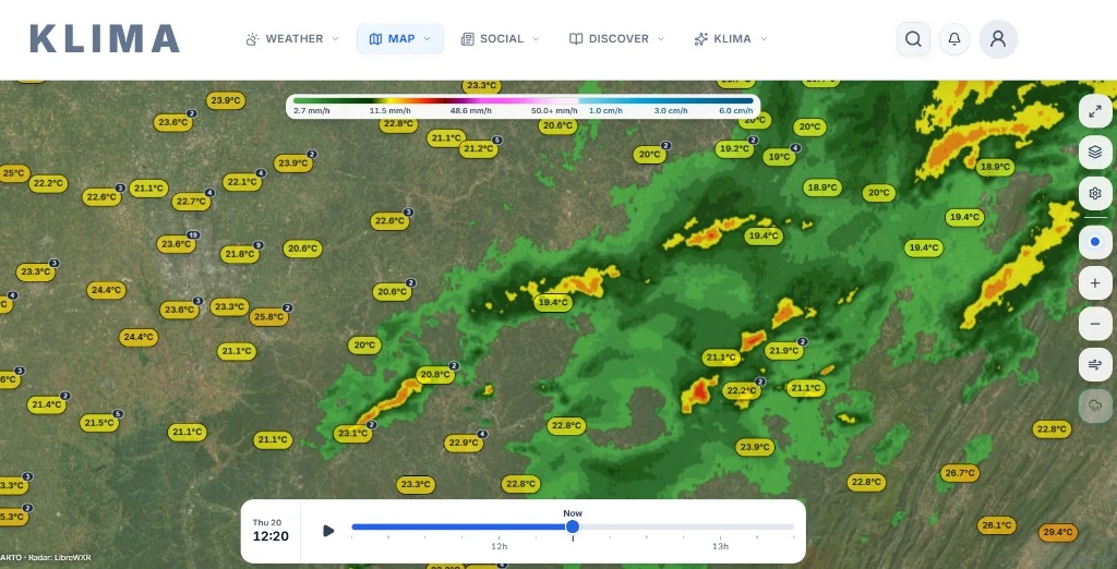 Carte Klima avec radar de précipitations et stations en direct